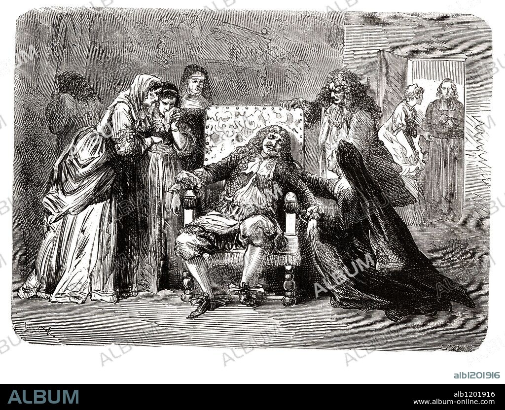 Jean Baptiste Poquelin, llamado "Molière" (1622-1673). Dramaturgo y actor francés. Murió en plena representación de la comedia "El Enfermo Imaginario". Grabado de 1866.