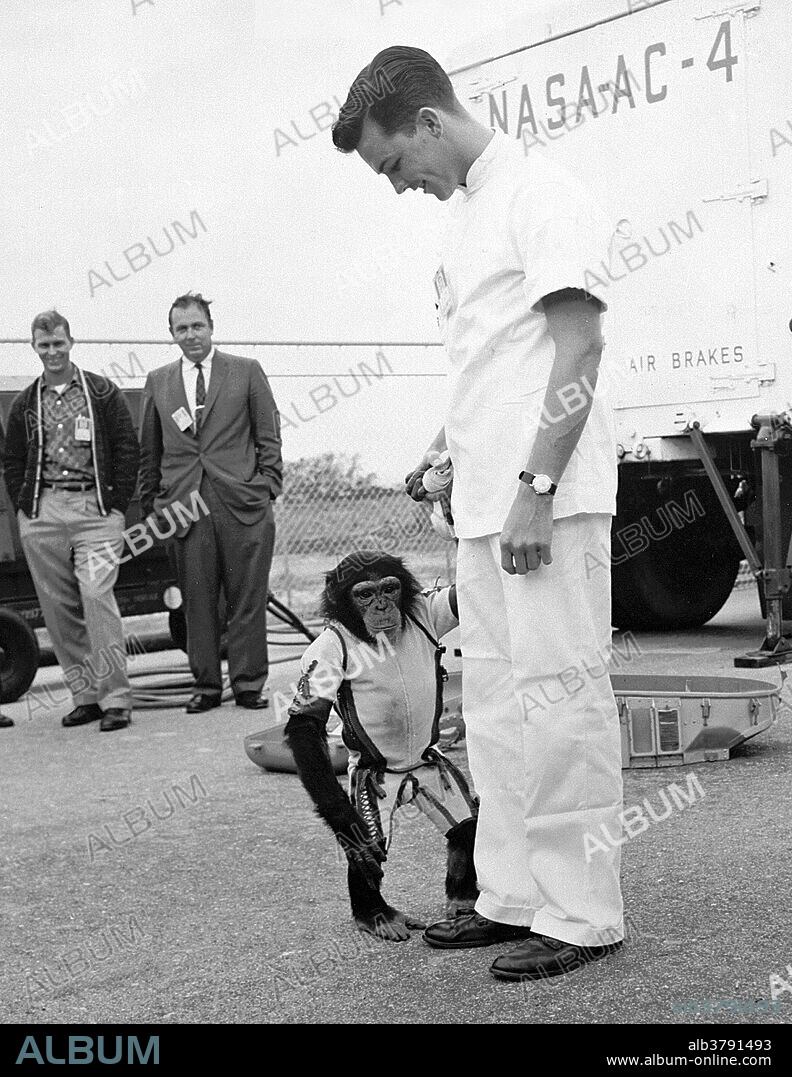 Ham, the first chimpanzee in space, with his animal trainer. On January 31, 1961, a Mercury-Redstone launch from Cape Canaveral carried the chimpanzee, Ham, over 400 miles down range in an arching trajectory that reached a peak of 158 miles above the Earth. The mission was successful and Ham performed his lever-pulling task well in response to the flashing light. NASA used chimpanzees and other primates to test the Mercury capsule before launching the first American astronaut Alan Shepard in May 1961. The successful flight and recovery confirmed the soundness of the Mercury-Redstone systems.