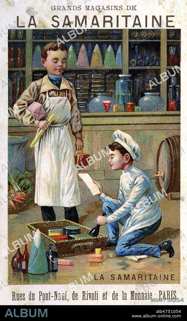 Epicier et son commis. Publicite pour les grands magasins de La Samaritaine, vers 1900. Illustration anonyme. Credit : Collection Grob/KHARBINE-TAPABOR.