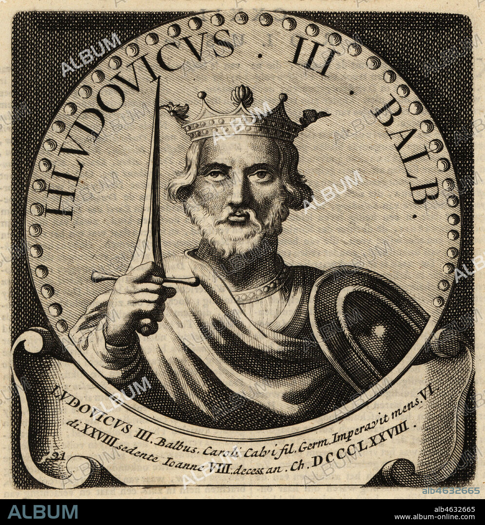 Louis II or Louis the Stammerer, 846-878. Ludovicus III, Balbus. King of Aquitaine, King of West Francia. Copperplate engraving from Abraham Bogaerts De Roomsche Monarchy, The Roman Monarchy, Francois Salma, Utrecht, 1697.