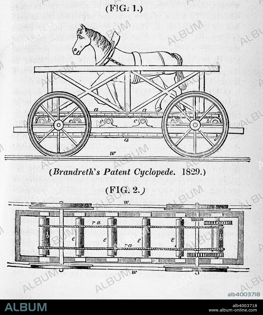 Brandreth's horse powered locomotive 'Cycloped', 1829. Plate taken from History and Progress of the Steam Engine, 1831 by Elijah Galloway. The Cycloped, owned by Thomas Brandreth, took part in the Rainhill Trials of 1829 which was a competition to find the most suitable locomotive for haulage on the Liverpool & Manchester Railway. Powered by a horse walking on a drive belt, it was withdrawn from the competition after the horse fell through the belt after only reaching a speed of five miles per hour. The competition was won by Stephenson's 'Rocket'.