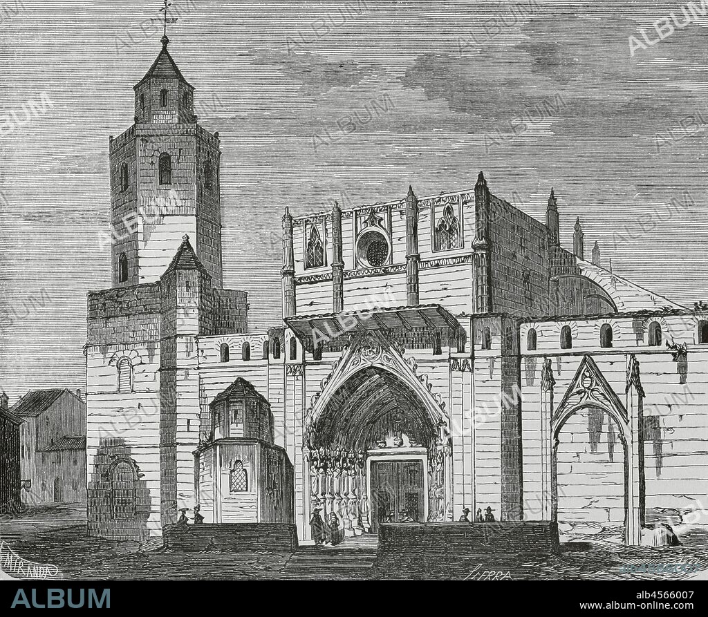 España. Huesca. Catedral de Santa María de Huesca, construida en estilo gótico, iniciada en el S. XIII. Dibujo por Fernando Miranda. Grabado por Sierra. Crónica General de España. Historia Ilustrada y Descriptiva de sus Provincias. Aragón, 1866. Biblioteca Histórico Militar de Barcelona, Cataluña, España.