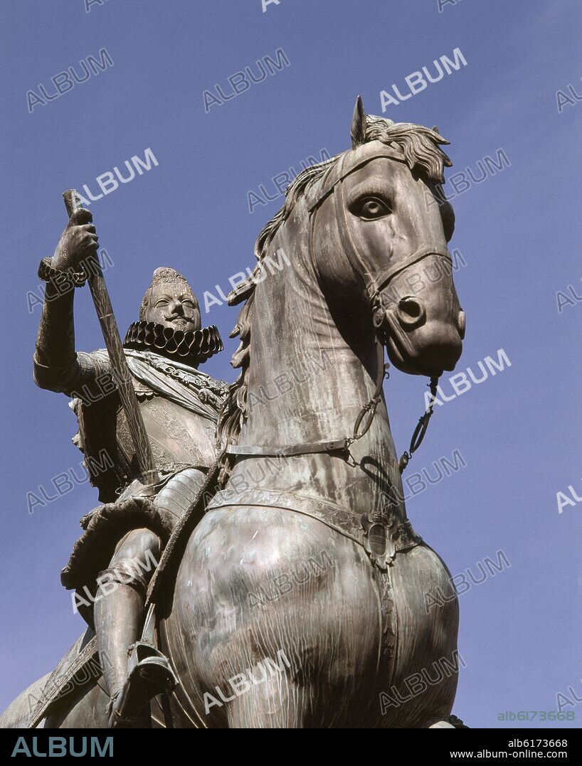 PIETRO TACCA. MONUMENTO DE FELIPE III-DETALLE CABEZA DEL CABALLO Y EL REY.COMENZADA POR JUAN DE BOLONIA - FOTO AÑOS 00.