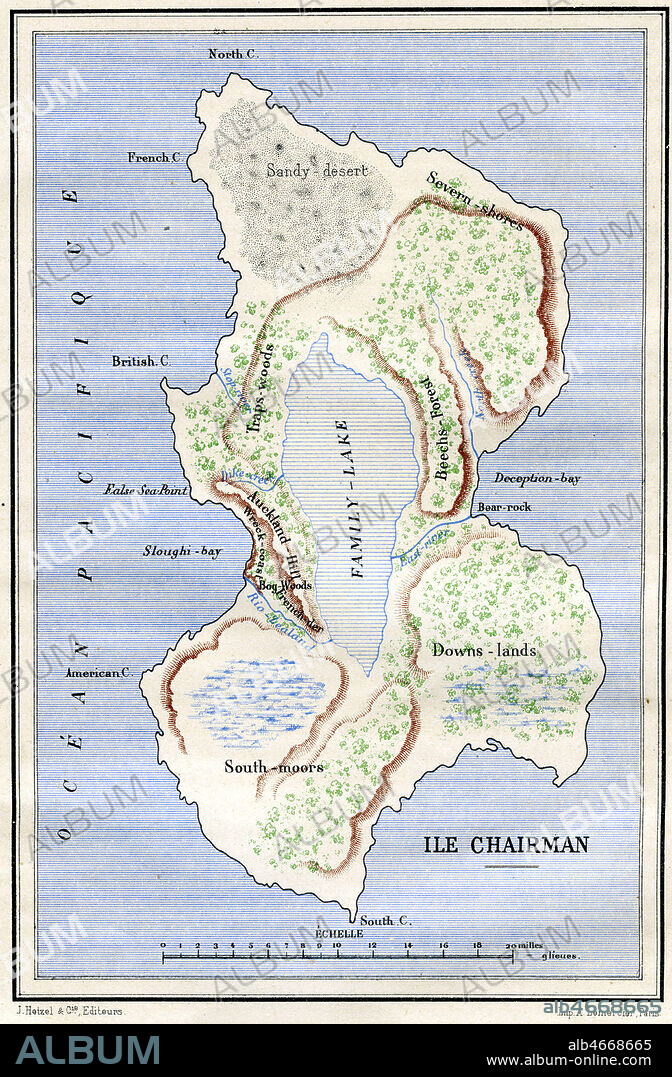 Carte de l'ile Chairman. Illustration de LEMERCIER pour Deux ans de Vacances par Jules VERNE (1828-1905) en preoriginale dans Le Magasin d'Education et de Recreation de 1888. Credit : Coll. Jonas/KHARBINE-TAPABOR.