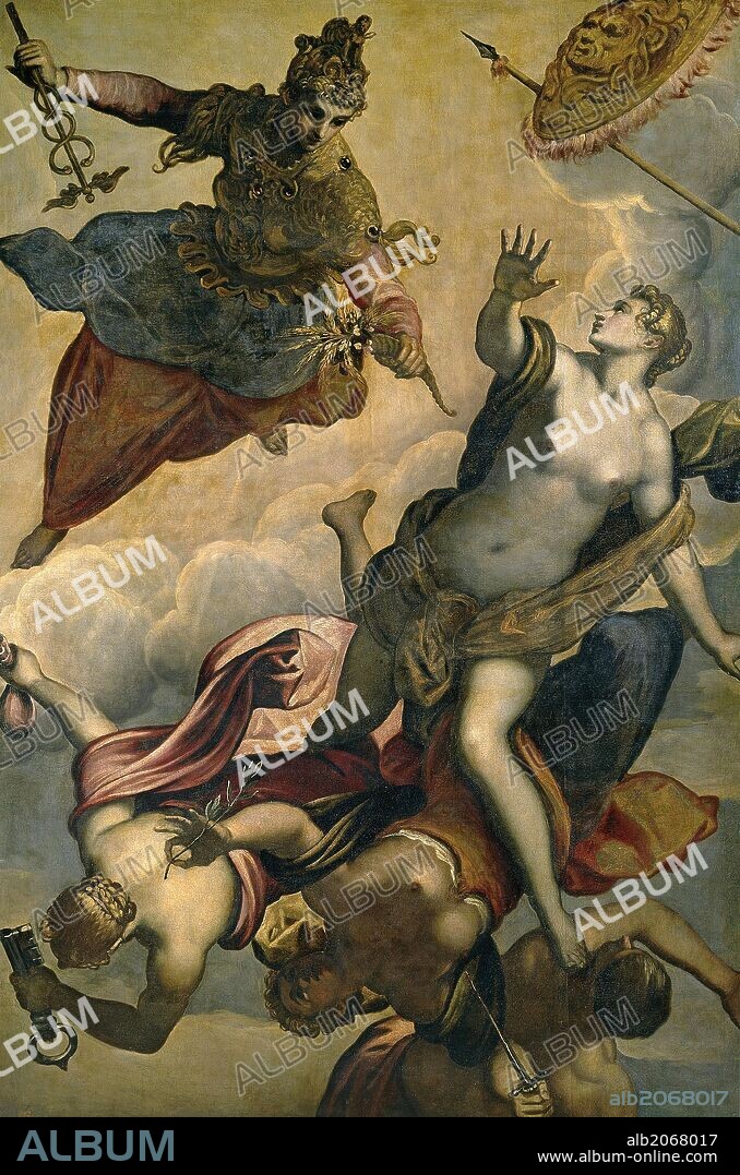 Domenico Tintoretto / 'La Prosperidad o la Virtud ahuyentando los Males', Second half 16th century - First quarter 17th century, Italian School, Canvas, 207 cm x 140 cm, P00387.