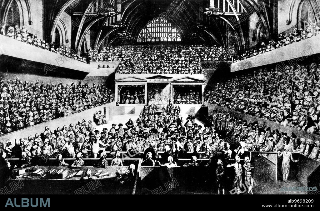 Trial scene of Warren Hastings, Westminster Hall, from drawing by E Dayes - Warren Hastings 1732 or 1733 -1818, British colonial administrator. A protige of Lord Clive, who established British rule in India, Hastings carried out major reforms, and became Governor of Bengal 1772 and Governor General of India 1774. Impeached for corruption on his return to England in 1786, he was acquitted in 1795. This successor to Lord Clive as General Governor of India enlarged the British Dominion by means of brutal blackmail and cunning deceit in his dealings with the local overlords.