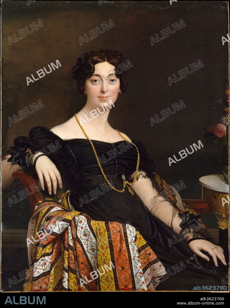 Madame Jacques-Louis Leblanc (Françoise Poncelle, 1788-1839). Artist: Jean Auguste Dominique Ingres (French, Montauban 1780-1867 Paris). Dimensions: 47 x 36 1/2 in. (119.4 x 92.7 cm). Date: 1823.
For this portrait there are more than two dozen drawings investigating a variety of poses (Musée Ingres, Montauban). Similar studies do not exist for the likeness of Madame Leblanc's husband (19.77.1). The two paintings--the only pair of portraits Ingres produced--were probably intended to hang facing one another, since the light falls differently in each, but they are unified by the visual harmony of hands, gold chains, and rich textiles that enhance the couple's black clothing. This work, however, was exhibited without its pendant at the Salon of 1834.