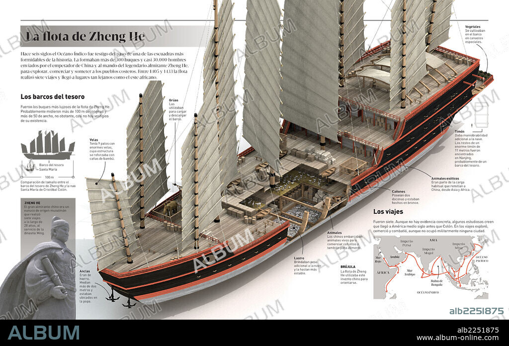 La flota de Zheng He. Infografía acerca del almirante chino Zheng He y de sus expediciones navales y su flota, que entre 1405 y 1433 conformaron una de las más extraordinarias de la historia.