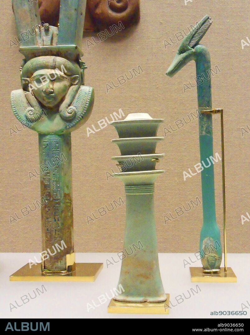 Temple Structure and Other Objects 400 B.C. Head of the Goddess Hathor on a Sistrum 400 B.C. , Sceptre excavated at Faras in Nubia 400 B.C. and Faience Djed Pillar of Osiris 400 B.C.