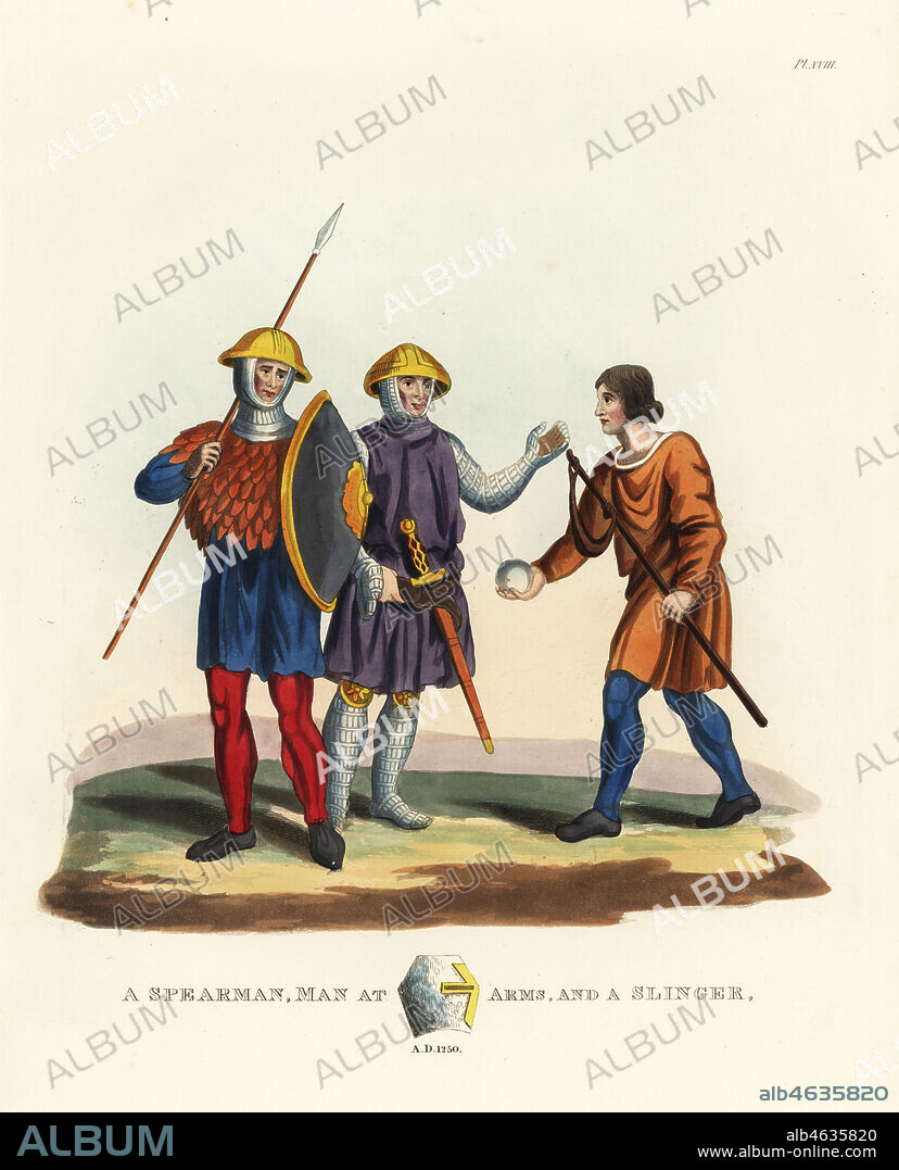 A spearman, man at arms and slinger, 1250. English infantry, 13th century. Spearman and soldier wear bowl helmets and chainmail armour and carry lance, shield and sword, and the slinger carries a rock and slingshot. Handcoloured lithograph after an illustration by S.R. Meyrick from Sir Samuel Rush Meyrick's A Critical Inquiry into Antient Armour, John Dowding, London, 1842.
