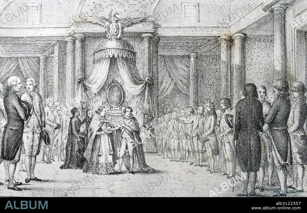 Illustration depicting King Joseph Napoleon swearing on the Constitution of Bayonne. King Joseph-Napoléon Bonaparte (1768-1844) the elder brother of Napoleon Bonaparte, who made him King of Naples and Sicily, and later King of Spain. After the fall of Napoleon, Joseph styled himself Comte de Survilliers, Madrid. Dated 1808.