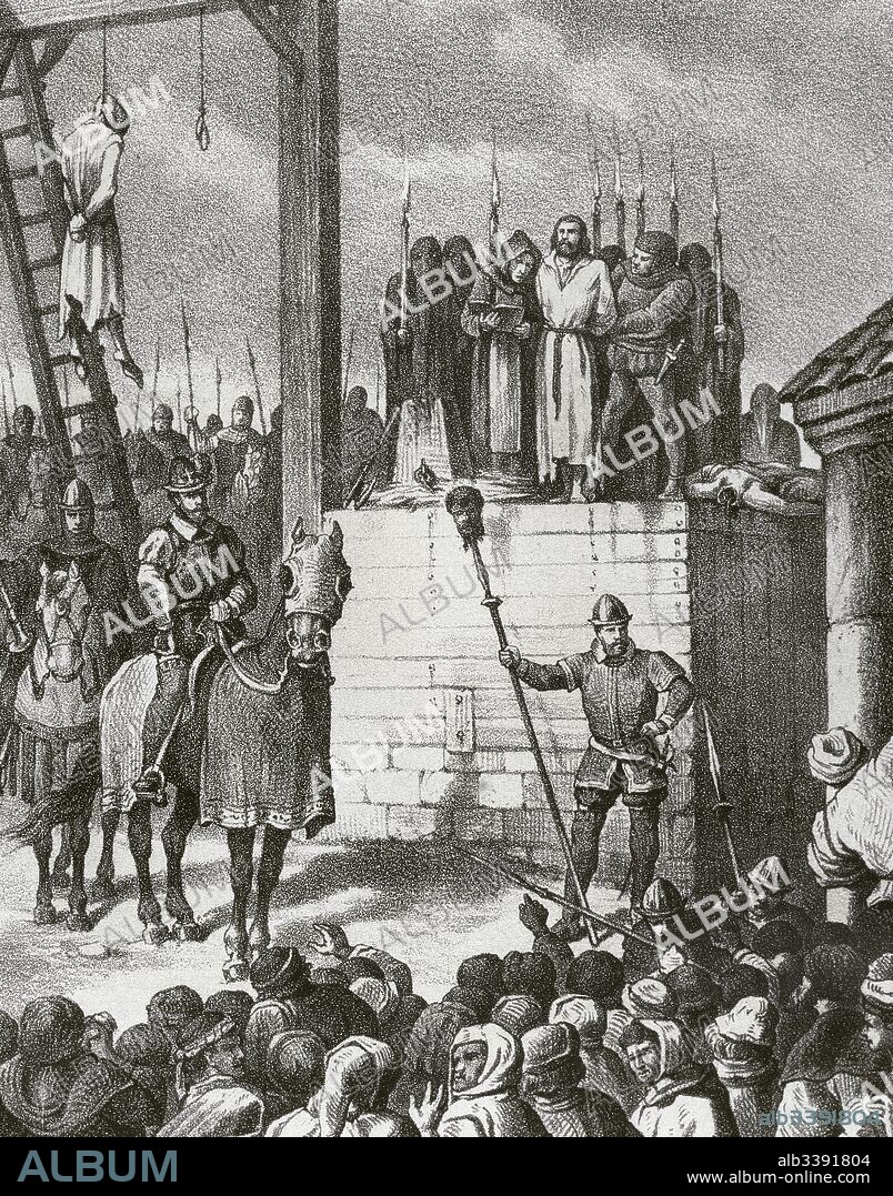 Reinado de Felipe II de Castilla y I de Aragón. Alteraciones de Aragón. Tras la revuelta de Zaragoza de 1591, y la huida de Antonio Pérez de la cárcel de Madrid, el rey Felipe II intervino y modificó la constitución política aragonesa y las Cortes. Durante la segunda mitad del siglo XVI el Reino de Aragón vivió conflictos que culminaron con enfrentamientos entre las instituciones aragonesas y el rey. Juan V de Lanuza fué capturado y decapitado en la plaza del mercado, por orden real, como muchos líderes de la revuelta. Grabado del siglo XIX.