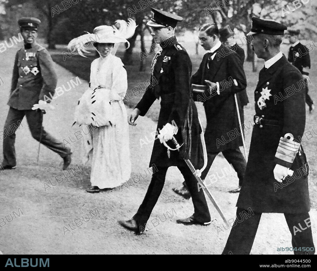 Visit of Edward Prince of Wales to Japan 1921. Prince (later Emperor) Hirohito of Japan, Empress Teimei (wife of Emperor Taisho of Japan) and Prince, later King Edward VIII of the United Kingdom.