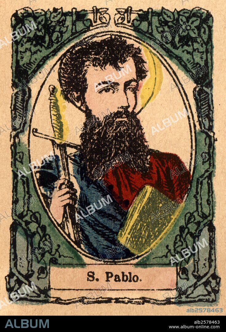 San Pablo de Tarso (5 ac-58 dc), conocido como el apóstol de los gentiles. Grabado popular pintado a la trepa en 1870.