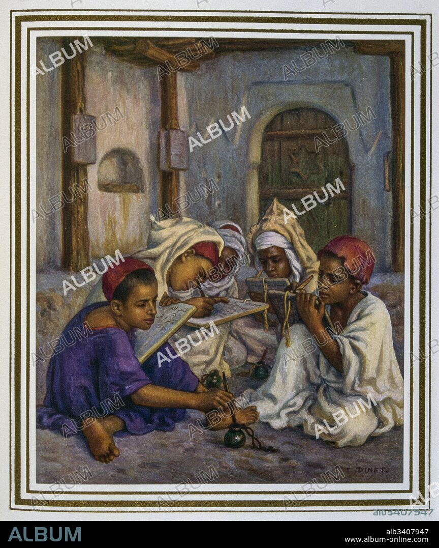 Arab boys learn at school. By Nasreddine Dinet (Alphonse-Etienne Dinet (1861 – 1929). French orientalist painter. Illustration for 'The life of Mohammad the prophet of Allah' 1918.