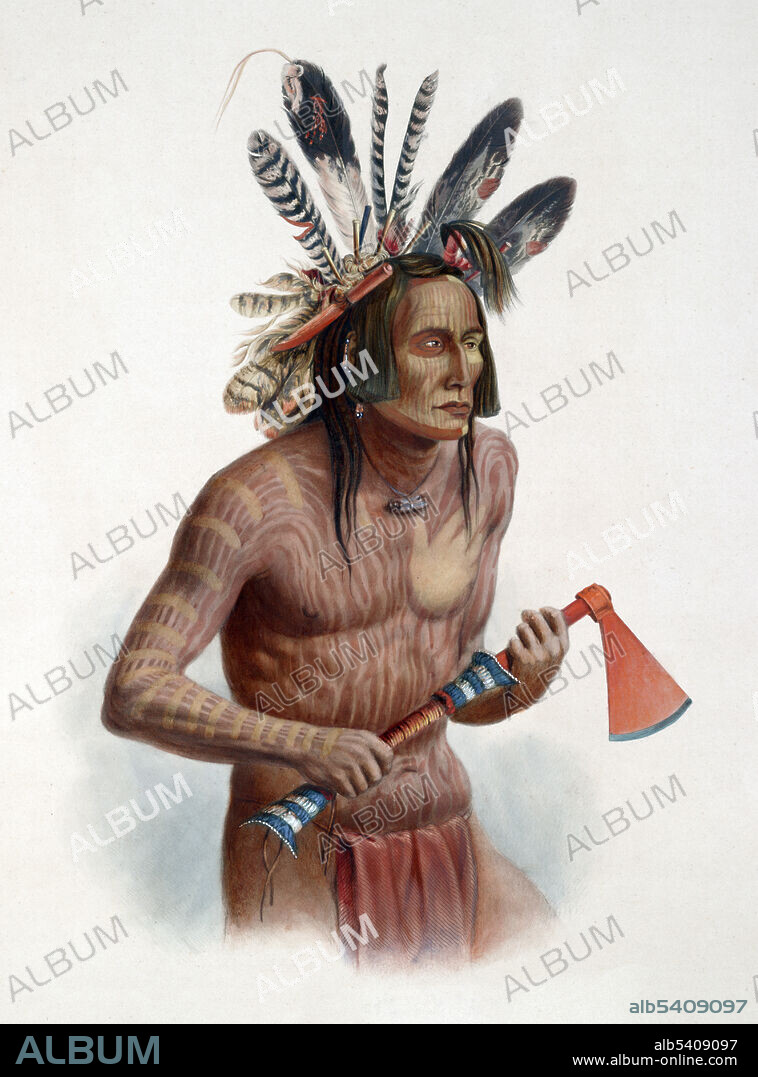 Mato-tope. The six sticks in his hair represent killing six men with a gun and the wooden knife represents he killed a Cheyenne chief with a knife. The split turkey feather is said to stand for an arrow wound. The hand on Four Bears' torso may indicate that he once seized an enemy for his comrades to kill. Mato-tope (1784-1837) was the second chief of the Mandan tribe to be known as Four Bears, a name he earned after charging the Assiniboine tribe during battle with the strength of four bears. The 1837 Great Plains smallpox epidemic wiped out most of Four Bears' tribe, leaving 27 (or by some accounts 100 to 150) survivors out of a former population of around 2,000.. Voyage dans l'interieur de l'Amerique du Nord, execute pendant les annees 1832-34. Karl Bodmer (1809-1893) was a Swiss printmaker, lithographer, painter, illustrator and hunter. He accompanied the German explorer Prince Maximilian zu Wied-Neuwied on his Missouri River expedition.