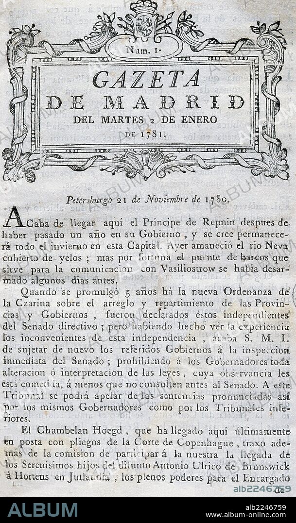 PRENSA ESPAÑOLA. SIGLO XVIII. "GACETA DE MADRID". Número 1 (martes 2 de enero de 1781). Imprenta Real.