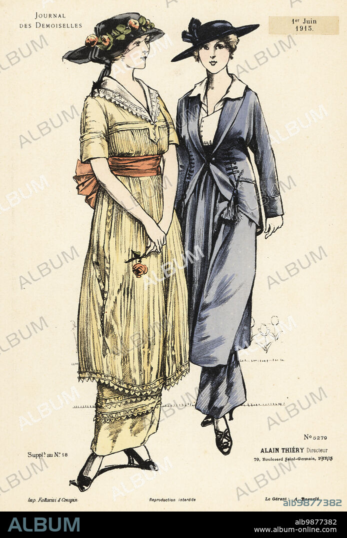 Two fashionable women in ankle-length dresses and suits, bonnets, sash belt, lace collar, WWI. Handcoloured lithograph by Fattorini & Crespin from Alain Thierys fashion magazine Journal des Demoiselles, 79 Boulevard Saint-Germain, Paris, France, June 1, 1915.