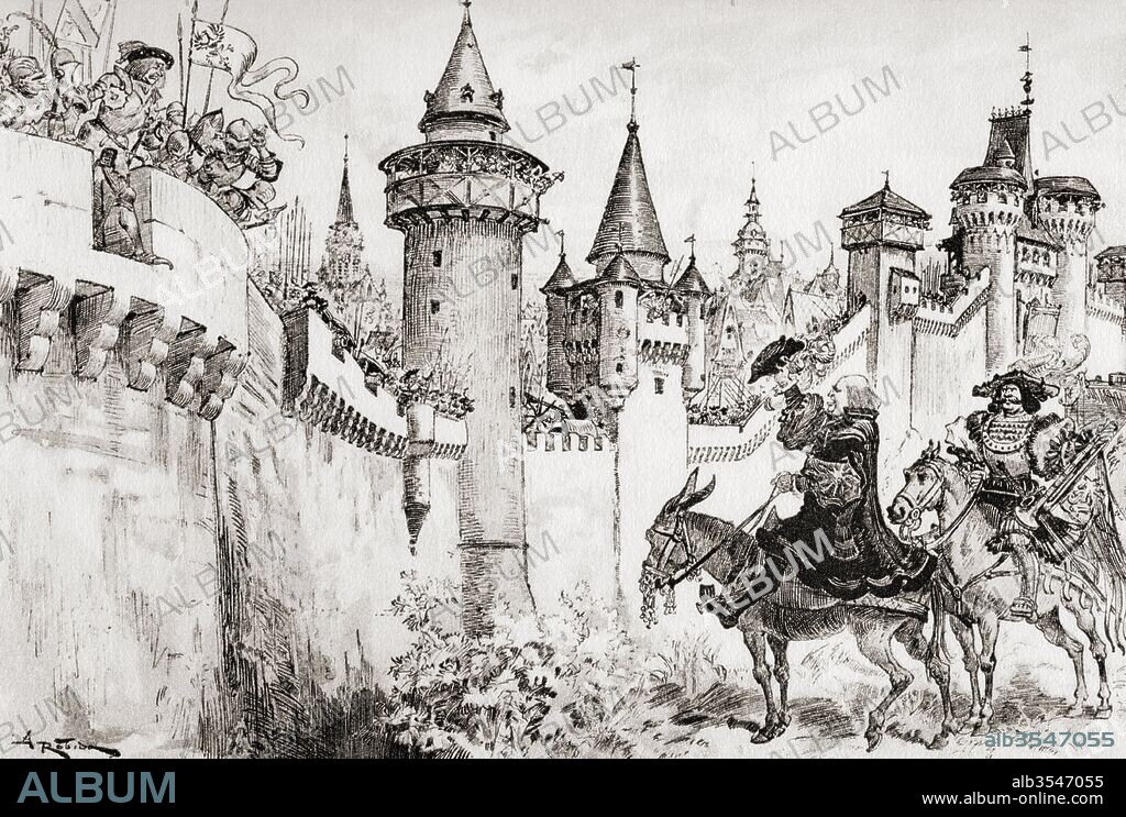 La Harangue Faite Par Ulric Gallet A Picrochole or the harangue delivered by Ulric Gallet to Picrochole. After the illustration by Albert Robida for Gargantua and Pantagruel by François Rabelais. From Oevres de Rabelais, published 1928.