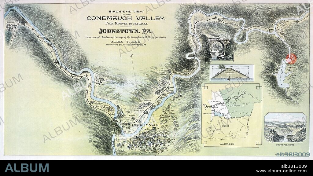 Map of the Johnstown vicinity showing the route of the waters of the Johnstown Flood of 31 May 1889 and the devastated areas resulting from them. The Johnstown Flood (or Great Flood of 1889 as it became known locally) occurred on May 31, 1889. It was the result of the catastrophic failure of the South Fork Dam (red dot on this map), situated on the Little Conemaugh River 14 miles upstream of the town of Johnstown, Pennsylvania, made worse by several days of extremely heavy rainfall. The dam's failure unleashed a torrent of 20 million tons of water from the reservoir known as Lake Conemaugh. The flood killed 2,209 people and caused $17 million in damages. It was the first major disaster relief effort handled by the new American Red Cross, led by Clara Barton. Support for victims came from all over the United States and 18 foreign countries. After the flood, survivors suffered a series of legal defeats in their attempts to recover damages from the dam's owners, prompting the development in American law changing a fault-based regime to strict liability.