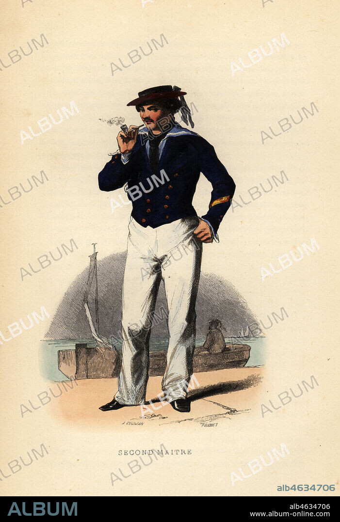 Uniform of a second mate, second maitre, French Navy, 1844. Handcoloured woodblock print by Pauquet after A. Gusman from Eugene Paninis Marine, arsenaux, navires, equipages, navigation, atterages, combats, L. Curmer, Paris, 1844.