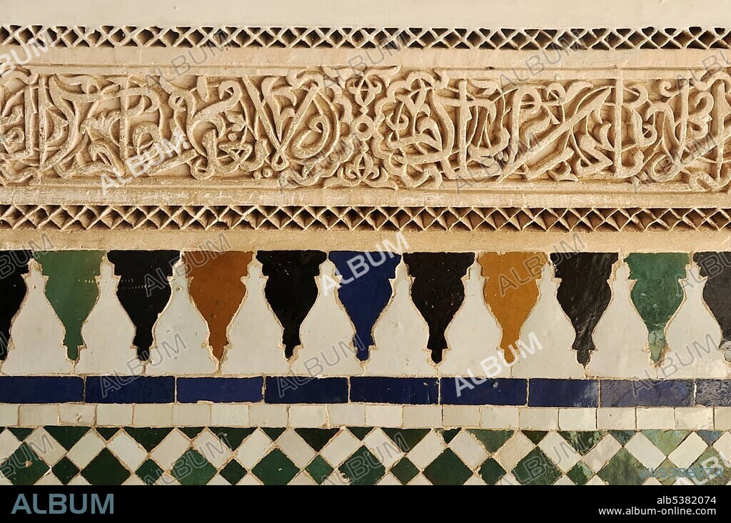 Zellige, Zillij, Zellij, terra cotta tilework, wall decoration in the El Bahia Palace, Medina, Marrakesh, Unesco World Heritage Site, Morocco, North Africa, Africa