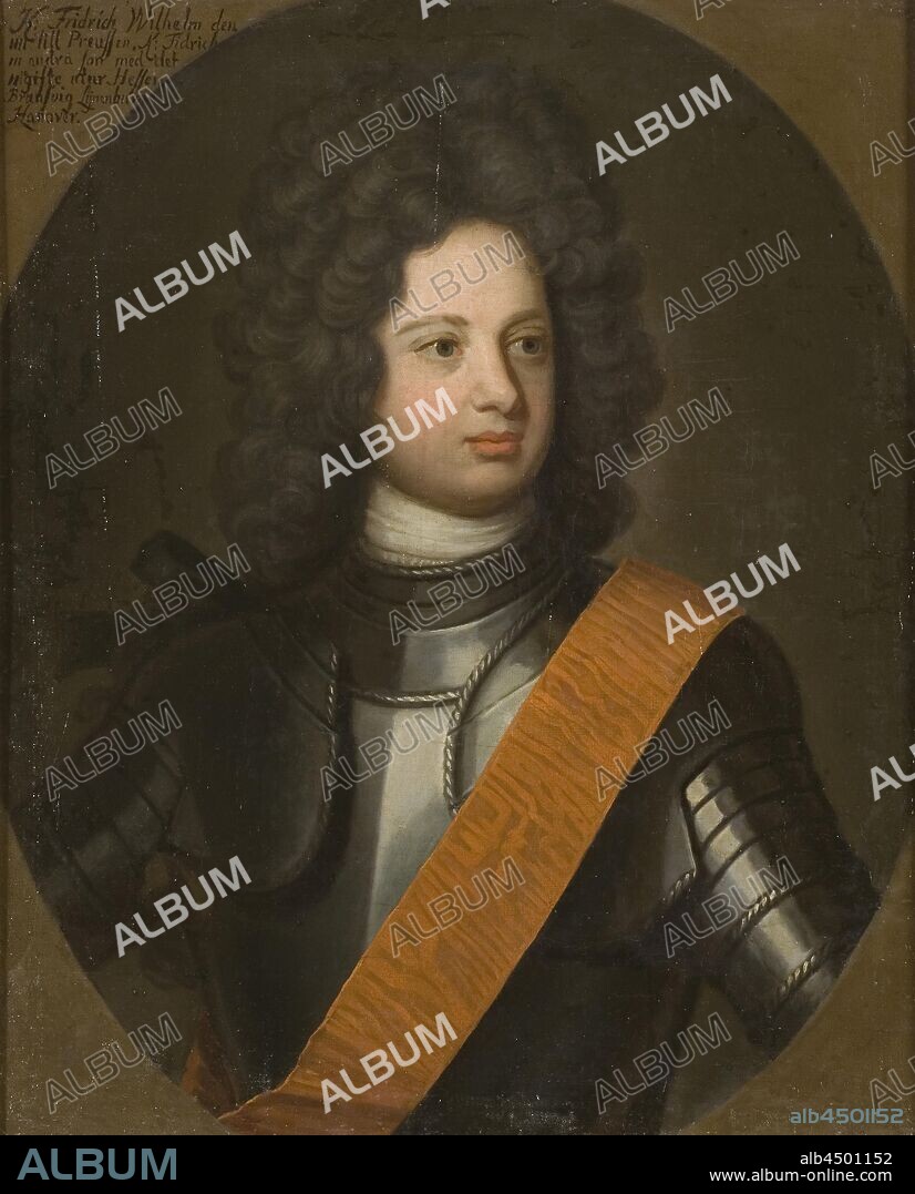 After Friedrich Wilhelm Weidemann, King Fredrik Vilhelm I, Fredrik Vilhelm I, 1688-1740, King of Prussia, painting, portrait, Frederick William I of Prussia, Oil on canvas, Pictured as young in armor and band, Breast image from right, Height, 88.5 cm (34.8 inches), Width, 73.5 cm (28.9 inches), Depth, 5 cm (1.9 inches).