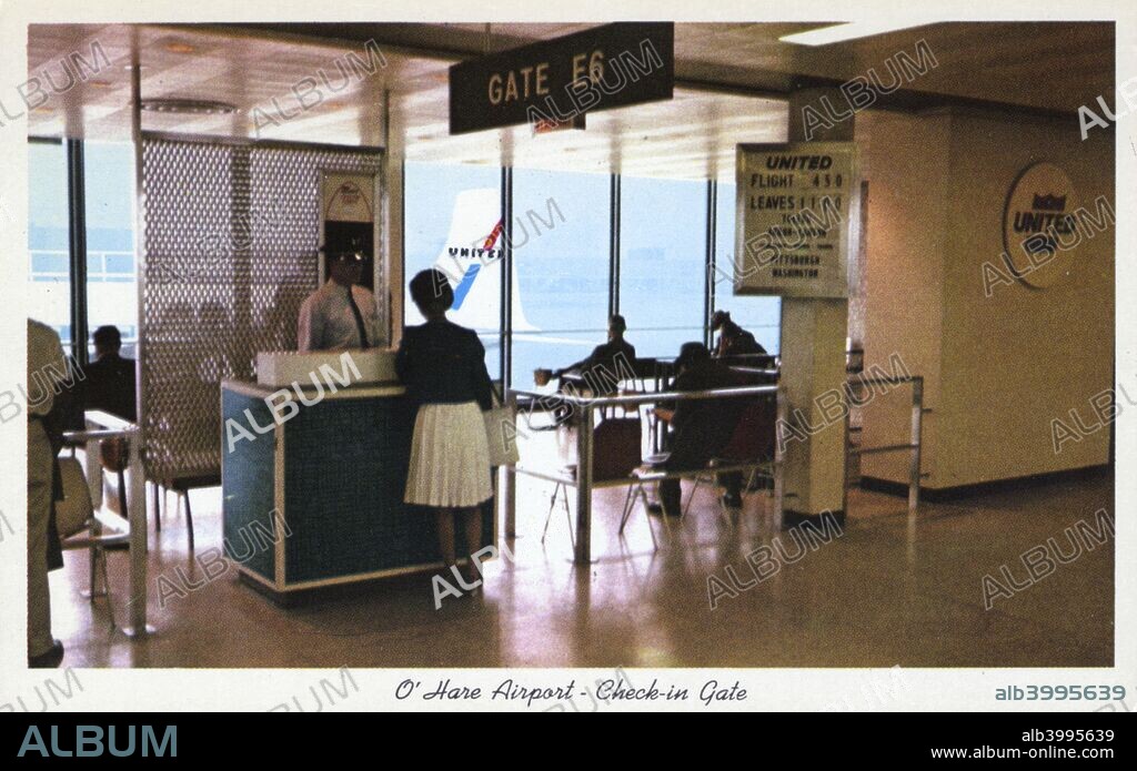 Check-in gate at O'Hare Airport, Chicago, Illinois, USA, 1962. Postcard showing a check-in agent and customer. A United Airlines jet is visible through the window.