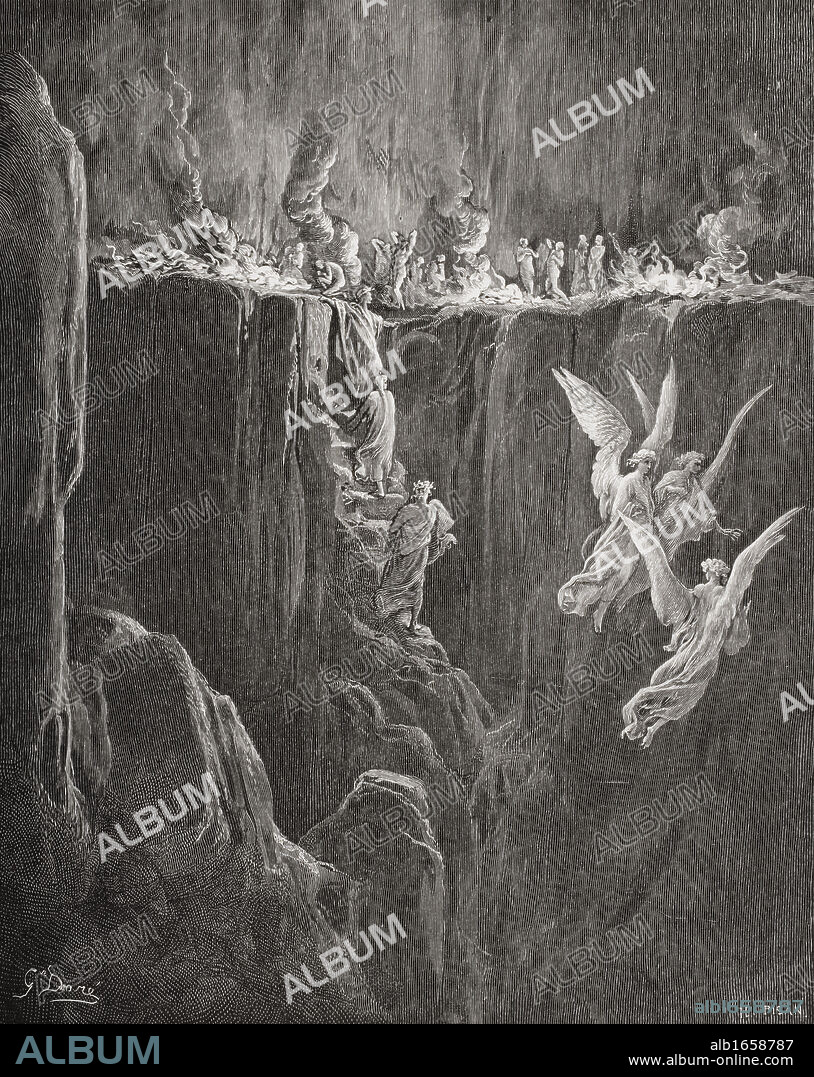 Illustration for Purgatorio by Dante Alighieri Canto XXV lines 107 to 110 by Gustave Dore 1832-1883 French artist and illustrator.