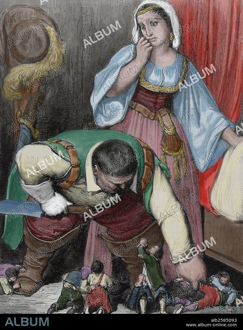 PERRAULT, Charles (París,1628-París,1703). Escritor francés. "PULGARCITO", grabado de Perrichon que ilustra el popular cuento de Perrault. "CAGA-CHITAS: EL CONDENADO OGRO SACO DE DEBAJO DE LA CAMA UNO TRAS OTRO A LOS POBRES NIÑOS". Coloreado.