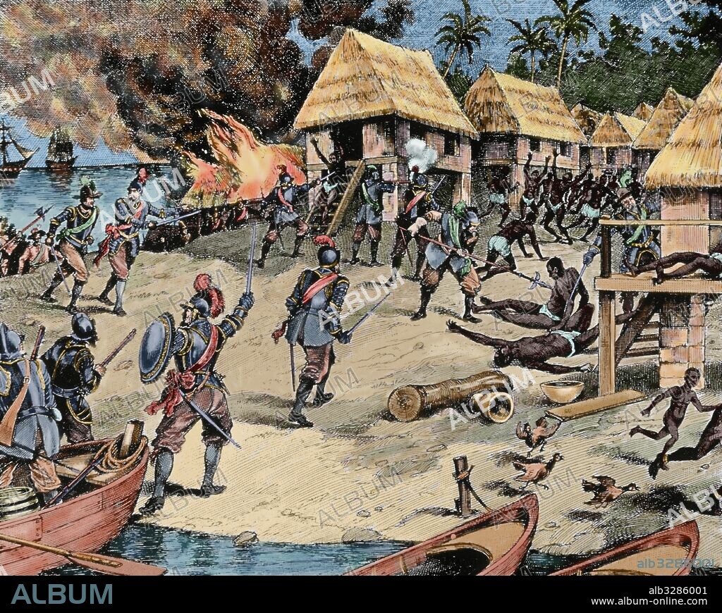 Colonial History of the United States. Late 16th century. The indigenous are cruelly treated by the conquerors. Engraving, 19th century. Colored.
