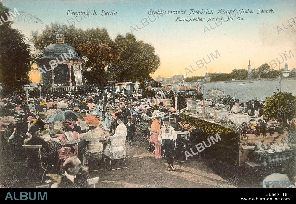 Berlin-Treptow, Etablissement Friedrich Knape, ehem. Zenner. "Treptow b. Berlin / Etablissement Friedrich Knape (früher Zenner) ". Fotopostkarte, koloriert, 1907. Berlin, Sammlung Archiv für Kunst und Geschichte.