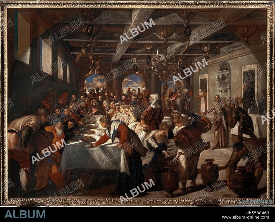 TINTORETTO. Tintoret, Jacopo Robusti, dit Le ; 1518 - 1594. - "Les Noces de Cana", 1561. Huile sur toile, H. 4,35 ; L. 5,45. Venise, S. Maria della Salute, sacristie.