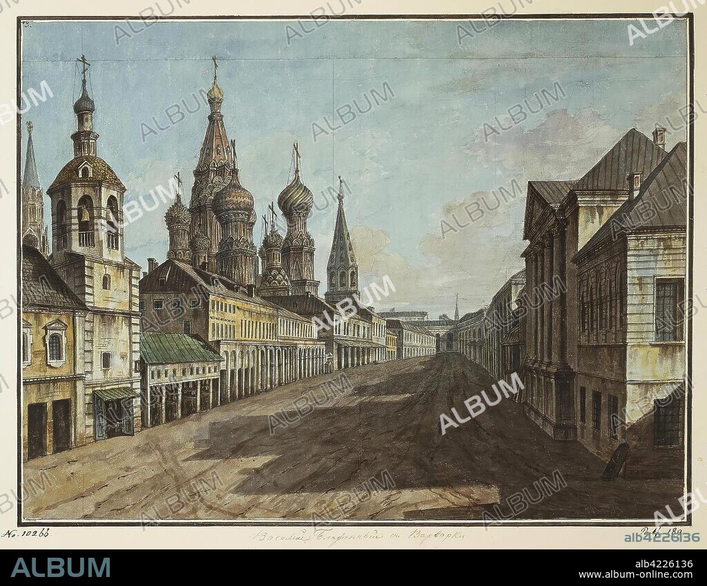 'View of the Cathedral of St Basil the Blessed from Moskvoretskaya Street'. Series "Views of Moscow and its Environs". Russia, Between 1800 and 1810. Dimensions: 37,8x50 cm.