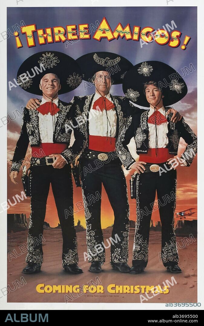 CHEVY CHASE, MARTIN SHORT et STEVE MARTIN dans THREE AMIGOS!, 1986, réalisé par JOHN LANDIS. Copyright ORION PICTURES.