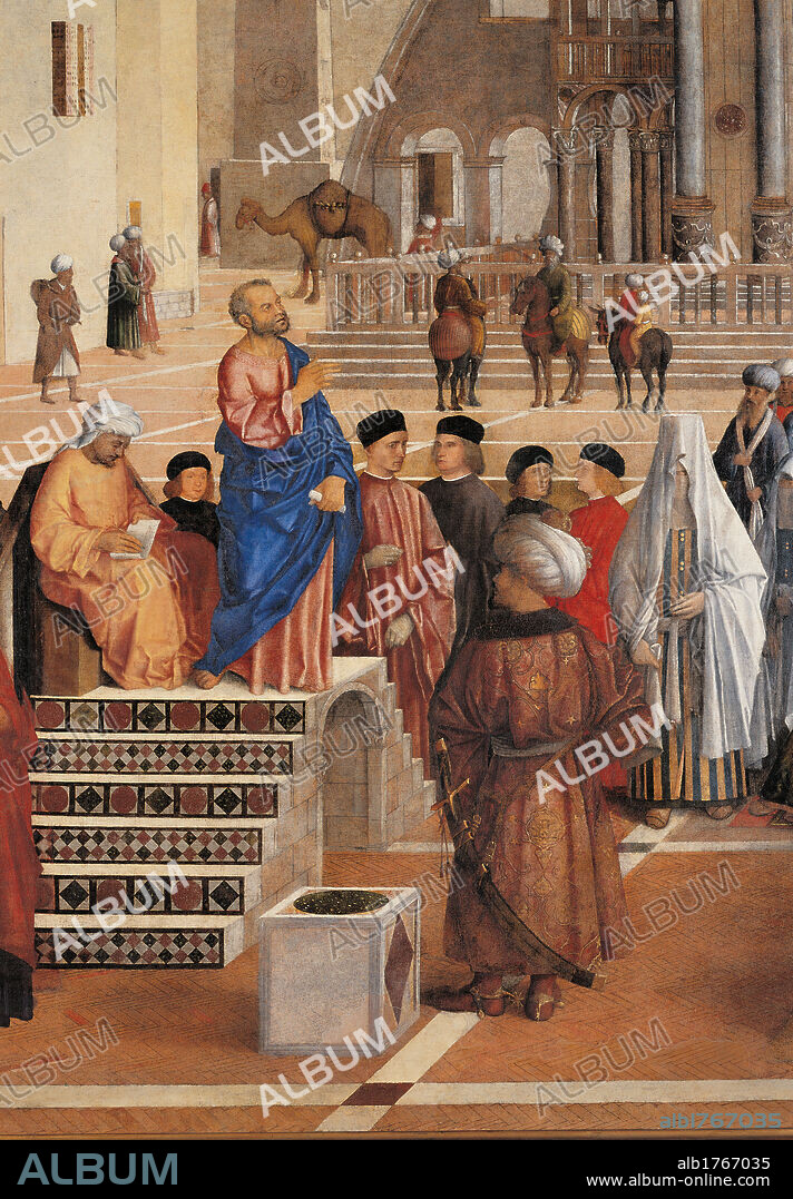Sermon of St Mark in Alexandria, by Giovanni Bellini, Gentile Bellini, 1504-1507 about, 16th Century, oil on canvas, cm 347 x 770. Italy, Lombardy, Milan, Brera Art Gallery. Detail. Saint St Mark, preaching, sermon square stairs blue red. Authorization required for non editorial use.