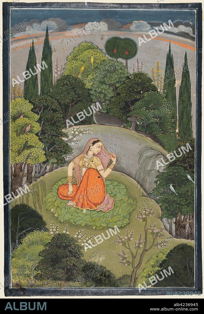 Utka Nayika, c. 1760-1765. Indian, Himachal Pradesh, Chamba region. Color on paper; page: 26 x 17.8 cm (10 1/4 x 7 in.); miniature: 24.5 x 16.5 cm (9 5/8 x 6 1/2 in.).