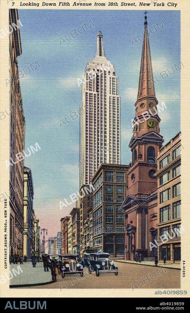 Looking down Fifth Avenue from 38th Street, New York City, New York, USA, 1933. Vintage linen postcard showing the view down Fifth Avenue from 38th Street with the Empire State Building in the background. On the right is the Brick Presbyterian Church. Designed by Griffith Thomas, it was built in 1858. In 1940 the congregation moved to a new church at Park Avenue and 91st Street.