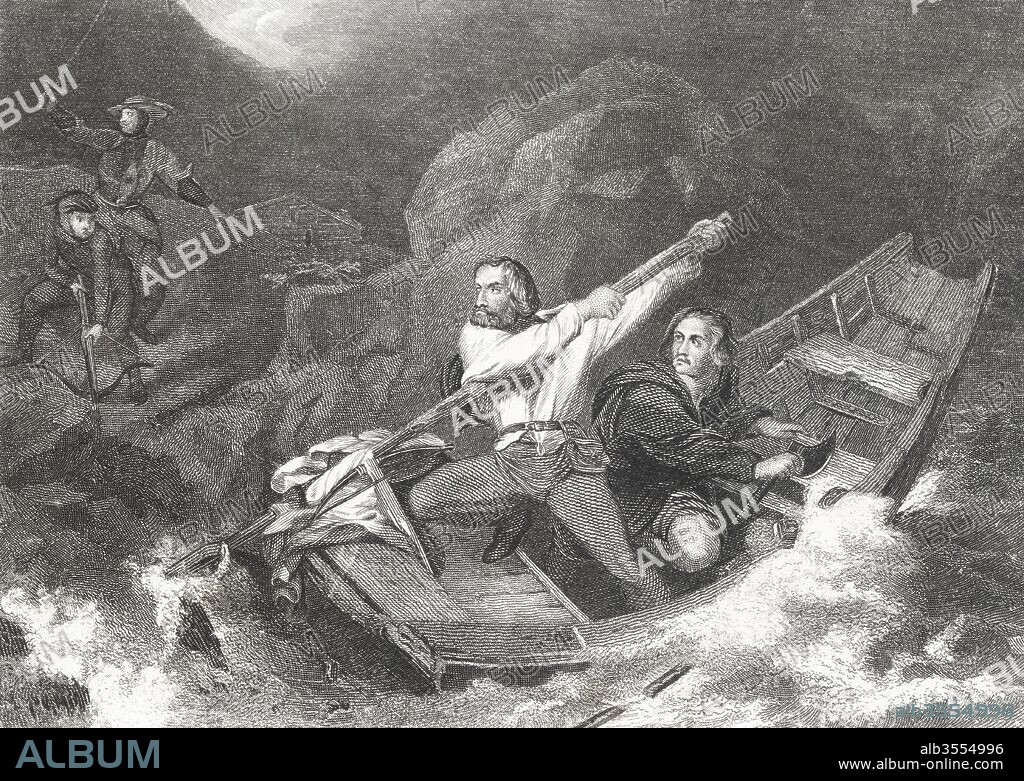 Suiza. Siglo XIV. Guillermo Tell y Konrad Baumgarten, personajes legendario de la independencia suiza, cruzan las aguas del lago Uri en medio de una gran tempestad escapando de los soldados del alguacil que les perseguía. Grabado de 1864.