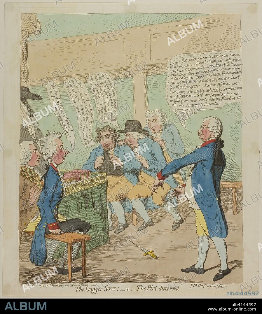 The Dagger Scene. James Gillray (English, 1756-1815); published by Hannah Humphrey (English, c. 1745-1818). Date: 1792. Dimensions: 350 × 288 mm (image); 370 × 300 mm (plate); 380 × 330 mm (sheet). Hand-colored etching on paper. Origin: England.