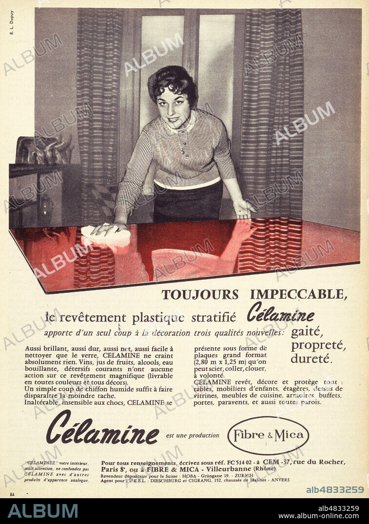 Toujours impeccable, le revetement plastique stratifie Celamine'. Publicite de 1956 pour le plastique Celamine. Credit : Collection KHARBINE-TAPABOR.