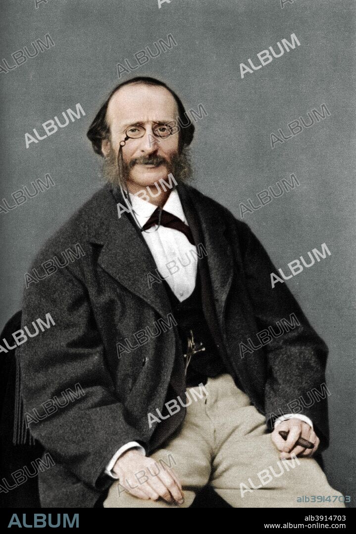 Jacques Offenbach (1819-1880), German-born French composer, cellist and impresario of the romantic period. A print from Les Musiciens Celebres, Lucien Mazenod, Paris, 1948. (Colorised black and white print).