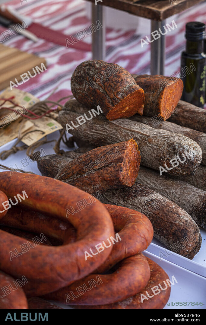 weekly market, Sineu, sobrasada of black pig with denomination of origin, Mallorca, Balearic Islands, Spain.