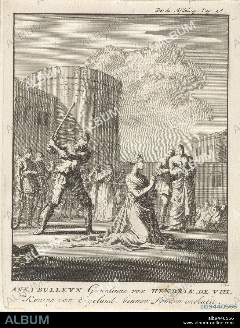 Queen Anna Boleyn, blindfolded and kneeling on the scaffold. The executioner stands ready to behead her. In the background the Tower., Beheading of Anna Boleyn, 1536 Anna Bulleyn, Gemalinne of Henry the VIII. King of England, within London beheaded , print maker: Jan Luyken, (mentioned on object), bookseller: Jan Claesz ten Hoorn, Amsterdam, 1699, paper, etching, h 195 mm × w 151 mm.