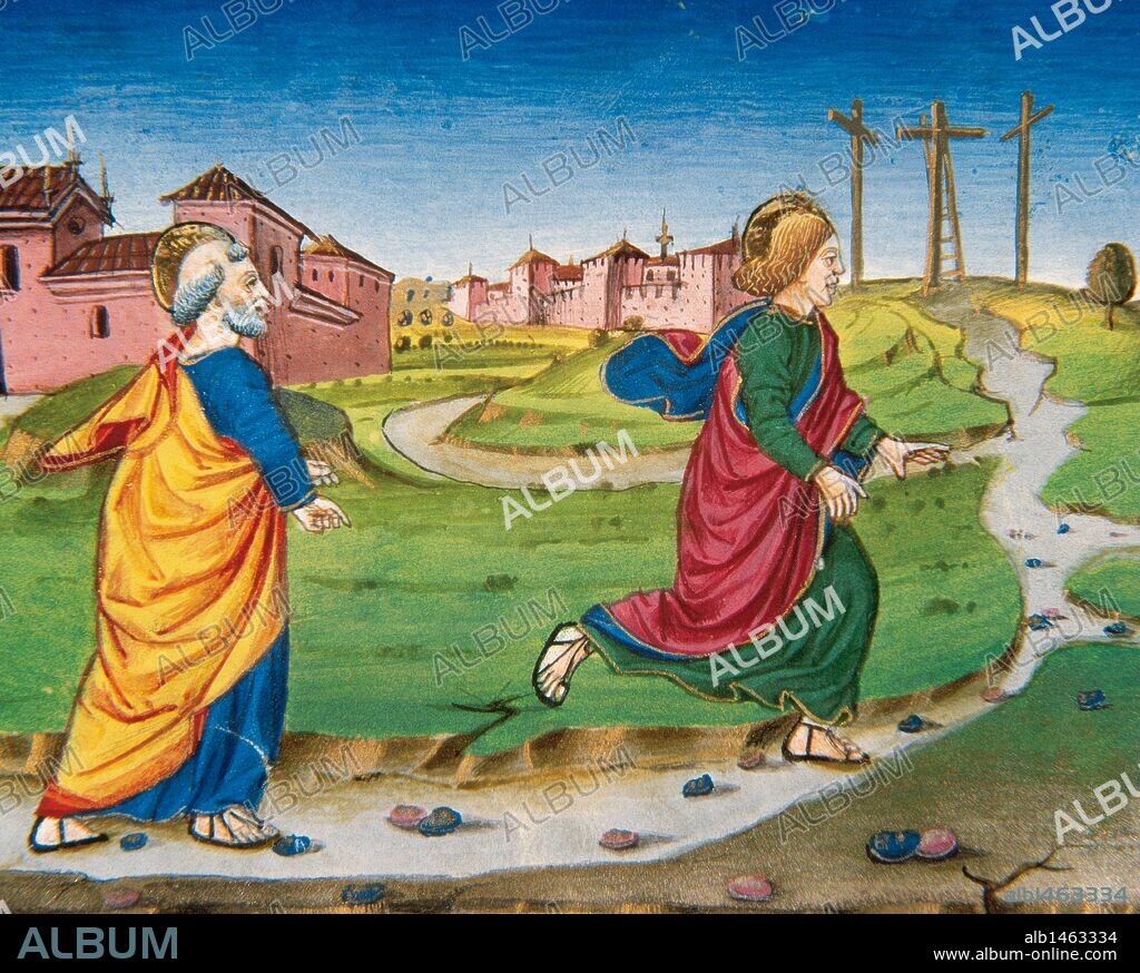 Following the news of Mary Magdalene of the Resurrection of Jesus, Simon Peter and John come running to the tomb. Codex of Predis (1476). Royal Library. Turin. Italy.