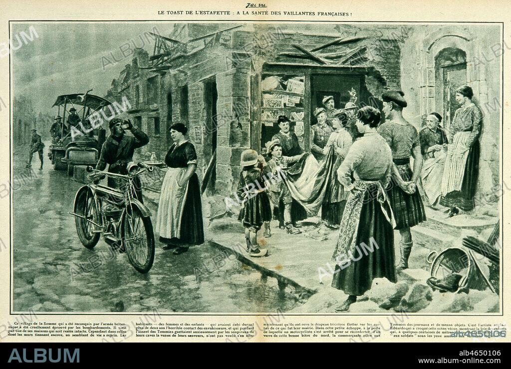 'Le toast de l'estafette : a la sante des vaillantes francaises !'. Dessin d'EDUARDOQUI representant des femmes offrant de la biere a un soldat en motocyclette publie dans J'ai Vu du 2 fevrier 1918. Credit : Collection KHARBINE-TAPABOR.