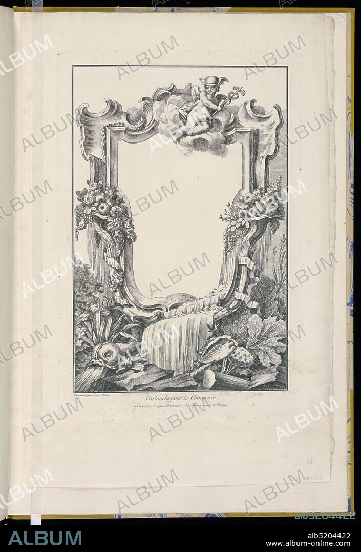 Cartouche pour le Commerce (Cartouche Crowned by Mercury and Decorated with Cornucopias, Fountains, a Dolphin, Shells, and Rocaille), Pierre Edme Babel, French, ca. 1720-1775, Pierre Edme Babel, French, ca. 1720-1775, Jacques Chéreau, French, 16881776, Etching on cream paper, Cartouche design crowned by Mercury and decorated with cornucopias, fountains, a dolphin, shells, and rocaille., France, 17001775, ornament, Print, Print.
