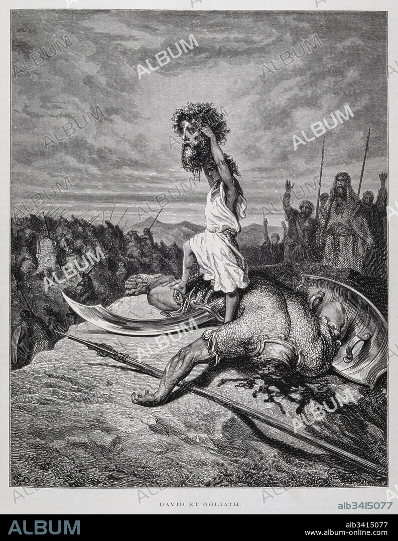 David slays Goliath, Illustration from the Dore Bible 1866. In 1866, the French artist and illustrator Gustave Dore (1832–1883), published a series of 241 wood engravings for a new deluxe edition of the 1843 French translation of the Vulgate Bible, popularly known as the Bible de Tours. This new edition was known as La Grande Bible de Tours and its illustrations were immensely successful. Goliath the Philistine is a Bible character described as a giant warrior defeated by the young David, the future king of the Israelites..