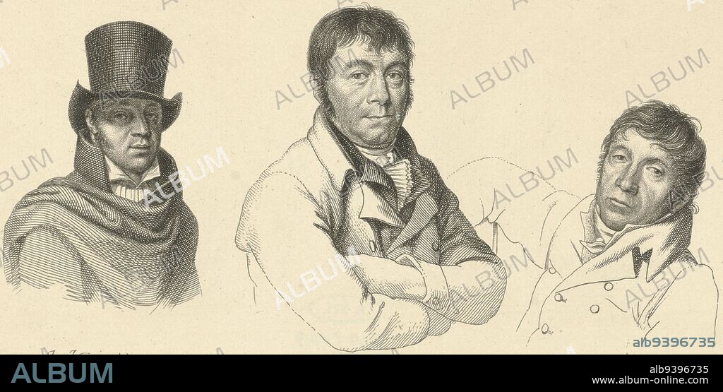 Portraits of the artists Jan Kamphuysen, Dirk Versteegh and Hendrik de Flines. Portraits of Jan Kamphuysen, Dirk Versteegh and Hendrik de Flines Study printwork, Etudes grav, print maker: Jacob Ernst Marcus, (mentioned on object), intermediary draughtsman: Hendrik Willem Caspari, (mentioned on object), Amsterdam, Dec-1814, paper, etching, h 151 mm × w 233 mm.