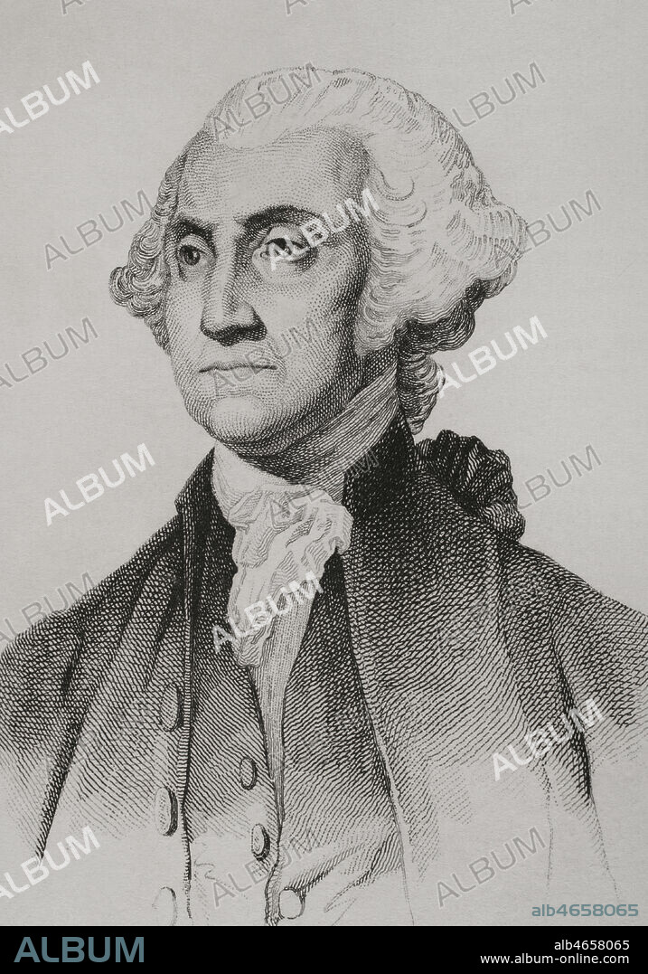 George Washington (1732-1799). Primer presidente de los Estados Unidos entre 1789-1797. Comandante en jefe del Ejército Continental revolucionario en la Guerra de la Independencia de los Estados Unidos (1775-1783). Grabado por Vernier. Detalle. Panorama Universal. Historia de los Estados Unidos de América, por Roux de Rochelle. Edición española impresa en Barcelona,1850.